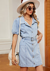 Button Up Washed Denim Shrit Dress with Belt